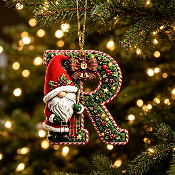 romoty Personalized Christmas Letter Ornaments, Cute Gnome Kitten Initial Pendants, 2D Flat Acrylic Monogram Tree Car Mirror Decor