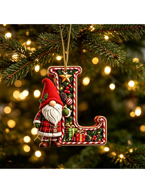 Personalized Christmas Letter Ornaments, Cute Gnome Kitten Initial Pendants, 2D Flat Acrylic Monogram Tree Car Mirror Decor