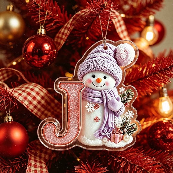 romoty Personalized Christmas Letter Ornaments, Cute Purple Snowman Initial Pendants, 2D Flat Acrylic Monogram Tree Car Mirror Decor
