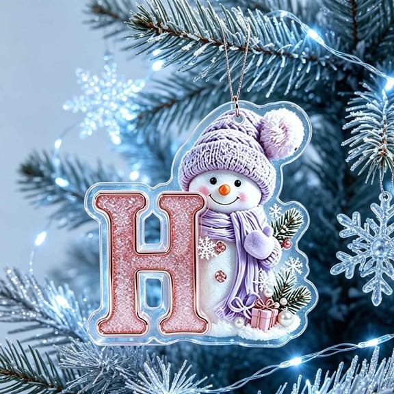 romoty Personalized Christmas Letter Ornaments, Cute Purple Snowman Initial Pendants, 2D Flat Acrylic Monogram Tree Car Mirror Decor