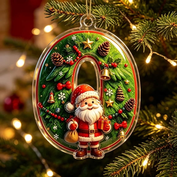 romoty Personalized Initial Christmas Tree Letter Ornaments, Pine Needle Santa Claus Pendants, 2D Flat Acrylic Monogram Xmas Decor