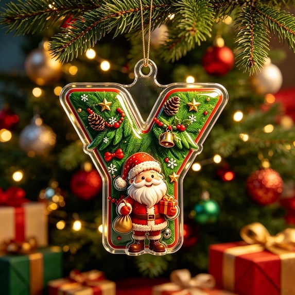 romoty Personalized Initial Christmas Tree Letter Ornaments, Pine Needle Santa Claus Pendants, 2D Flat Acrylic Monogram Xmas Decor