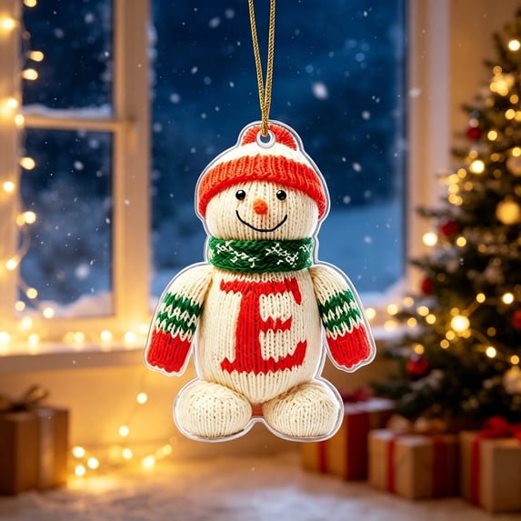 romoty Personalized Letter E Snowman Christmas Ornament, 3.15 in Acrylic Monogram Initial Knit Snowman Pendant with Cord for Xmas Tree Wreath Mantel Decor Kids Stocking Stuffer Gift