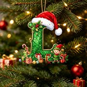 romoty Personalized Letter L Christmas Ornament, 3.15 in Green Acrylic Monogram Initial Pendant with Elf Santa Hat for Xmas Tree Wreath Mantel Decor Kids Stocking Stuffer Gift