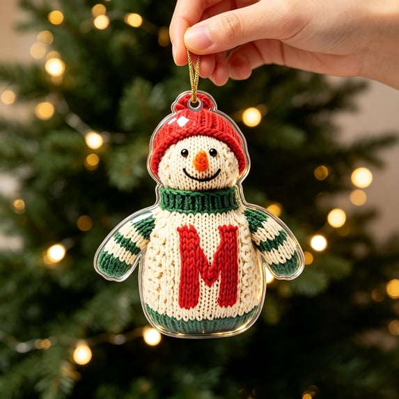 romoty Personalized Letter M Snowman Christmas Ornament, 3.15 in Acrylic Monogram Initial Knit Snowman Pendant with Cord for Xmas Tree Wreath Mantel Decor Kids Stocking Stuffer Gift