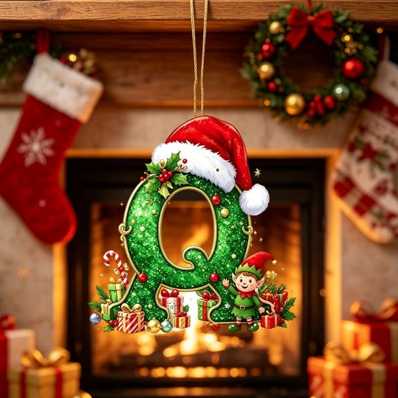 romoty Personalized Letter Q Christmas Ornament, 3.15 in Green Acrylic Monogram Initial Pendant with Elf Santa Hat for Xmas Tree Wreath Mantel Decor Kids Stocking Stuffer Gift