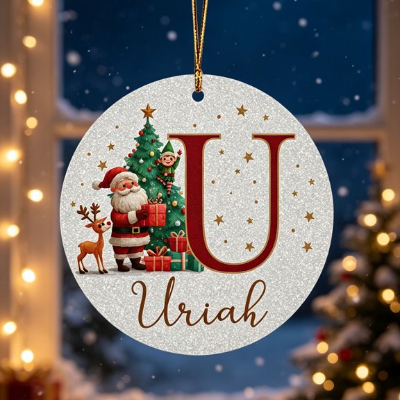 romoty Personalized Letter U Round Christmas Ornament, 3.15 in Acrylic Monogram Initial Tree Disc with Santa & Reindeer for Xmas Tree Wreath Mantel Kids Stocking Stuffer Gift