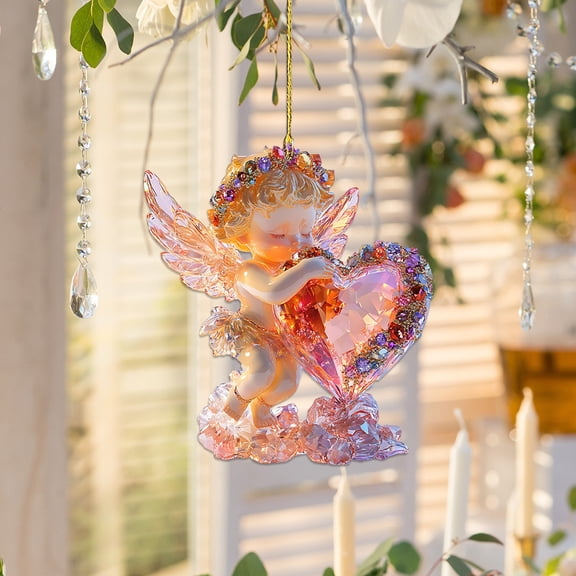 romoty Romantic Angel Cupid Ornament 3.15 Inch Heart-Shaped Hanging Decoration 2D Acrylic Pendant for Valentine's Day Wedding and Car Mirror Decor Set