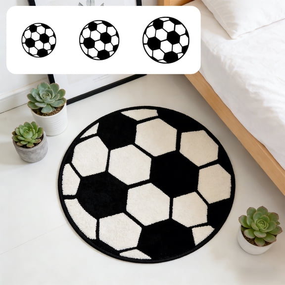 romoty Round Soccer Area Rug - 24" Non-Slip Football Themed Plush Rug for Kids Bedroom - Sporty Floor Mat for 2026 Global Soccer Celebration - Black and White