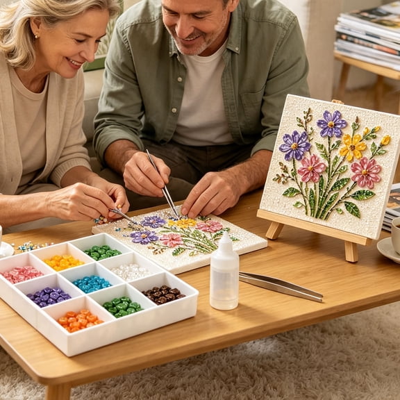 romoty Sea Glass Mosaic Bead Art DIY Kit, 7.87x7.87 Inch Wildflower Bouquet DIY Craft Set with Wooden Easel for Tabletop Home Decor