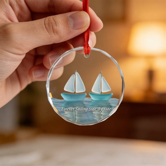 romoty Sea Glass Style Sailing Pendant, Forever Sailing Side By Side Round Acrylic Ornament, 3.14" Diameter Nautical Decor for Car Rearview Mirror, Anniversary & Valentine's Day Gift