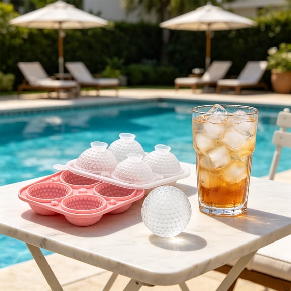 romoty Silicone Golf Ball Ice Cube Maker Mold, Food Grade 4-Well Large Sphere Ice Tray with Built-in Funnel for Whiskey, Cocktails & Golf Lovers Gift