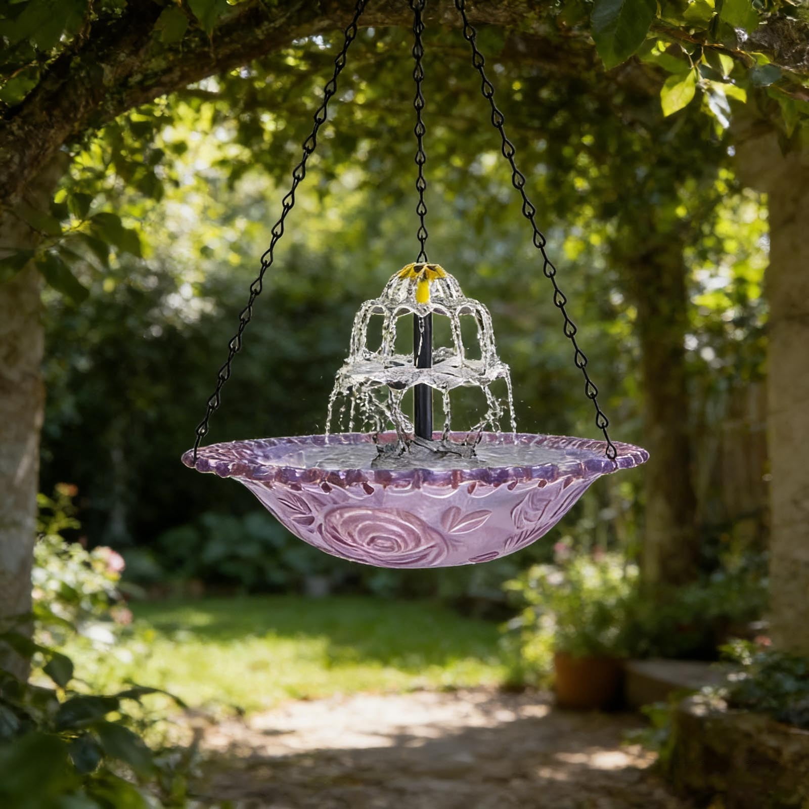 romoty Solar Bird Bath Fountain & Hanging Bird Feeder – 9.25" x 9.25" x 18" Floating Water Feature – Eco-Friendly Garden Decor for Wild Birds