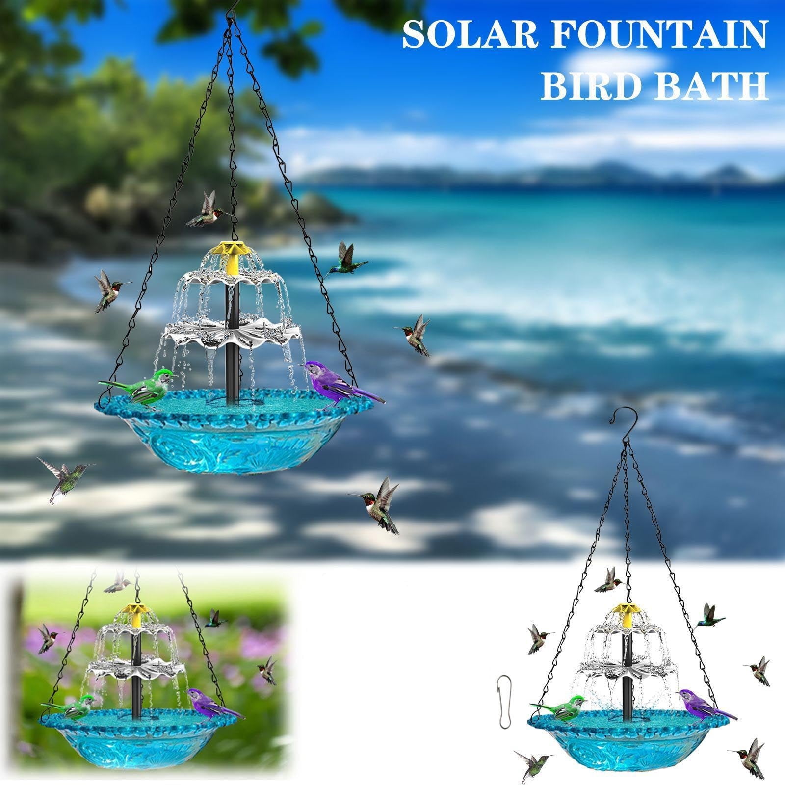 romoty Solar Powered Fountain Bird Bath, 9.25" x 9.25" x 18" Hanging Glass-Style Plastic Bird Feeder Station for Outdoor Garden & Patio Decor
