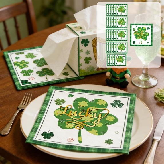 romoty St. Patrick's Day Disposable Paper Napkins, 6.5 x 6.5 Inch 20PCS Multi-Pattern Shamrock Luncheon Napkins, Lucky Gold Irish Holiday Table Decor for Buffet and Picnic