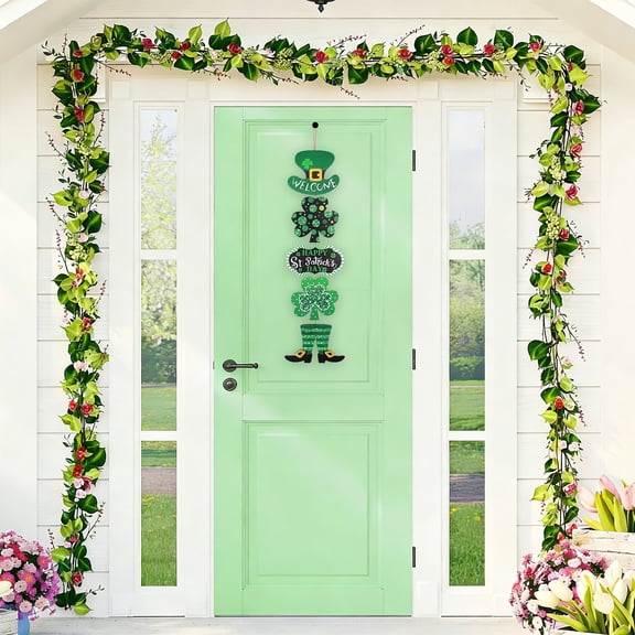 romoty St. Patrick's Day Porch Sign, 45.28 x 11.81 Inch Vertical Wooden Welcome Door Banner, Lucky Shamrock Leprechaun Decor for Front Door Wall and Entryway