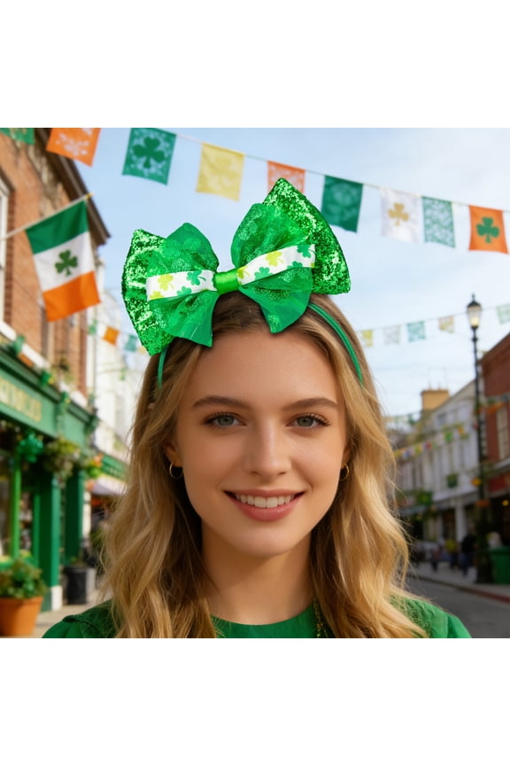 St. Patrick's Day Shamrock Bow Headband, 7.5 x 9.1 Inch Green Glitter Costume Accessory, Lucky Irish Hair Ornament for Parades and Pub Parties
