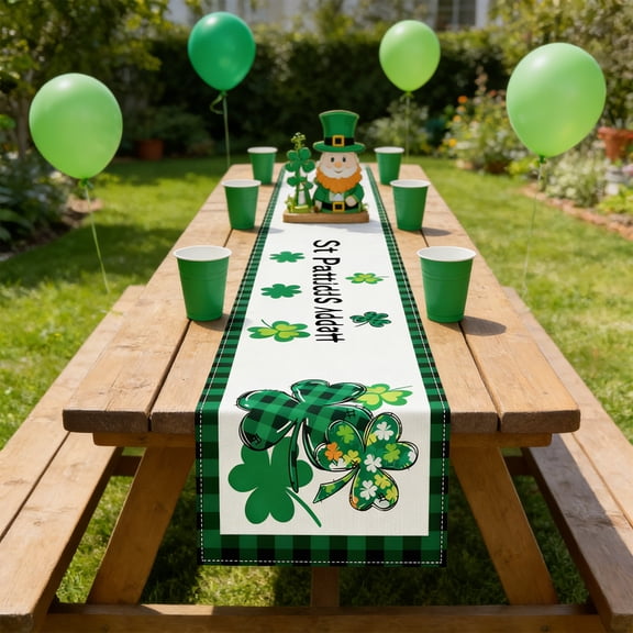romoty St. Patrick's Day Shamrock Table Runner, 12.99 x 72.05 Inch Durable Polyester Green Clover Tablecloth, Lucky Irish Holiday Decor for Kitchen Dining and Parties