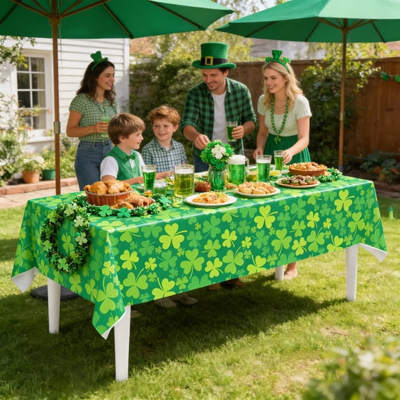 romoty St. Patrick's Day Shamrock Tablecloth, 54 x 108 Inch Reusable Waterproof Table Cover, Thickened Green Irish Holiday Party Decor for 8ft Dining Table and Backdrop