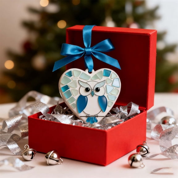 romoty Stained Glass Style Owl Heart Pendant, 3.14" Mosaic Art Acrylic Ornament for Car Mirror, Home Decor & Romantic Gifts