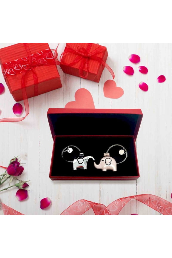 Valentine Day Elephant Keychain Set 2.2 Inch Zinc Alloy Couple Car Keyring with Gift Box Decoration Hanging Accessories for Boyfriend Girlfriend Anniversary Wedding Matching Gift