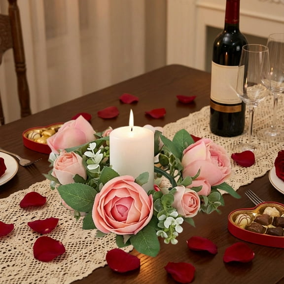 romoty Valentine's Day Artificial Rose Candle Ring 13.4" Round Flower Wreath Romantic Silk Roses for Pillar Candle Wedding Anniversary and Holiday Table Centerpiece Decor