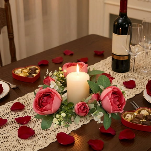 romoty Valentine's Day Artificial Rose Candle Ring 13.4" Round Flower Wreath Romantic Silk Roses for Pillar Candle Wedding Anniversary and Holiday Table Centerpiece Decor