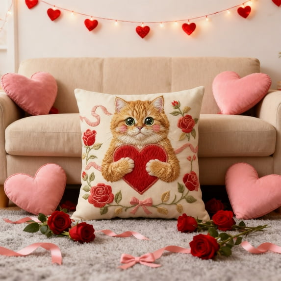 romoty Valentine's Day Cat and Heart Pillowcase 17.71" x 17.71" Decorative Cushion Cover Linen Look Throw Pillow Shell Festive Decoration for Sofa Bed and Anniversary Gift Single Piece