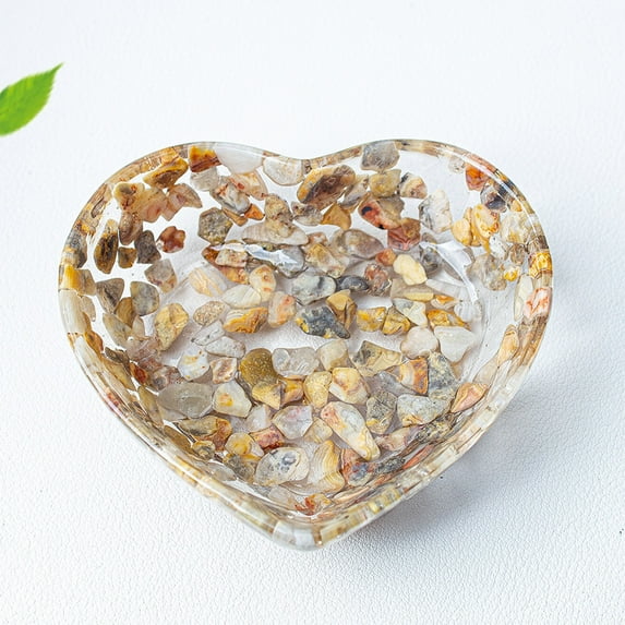 romoty Valentine's Day Heart Jewelry Dish 3" x 3" Resin Crystal Stone Tray Romantic Trinket Bowl for Rings Earrings and Commemorative Home Decor Anniversary Gift