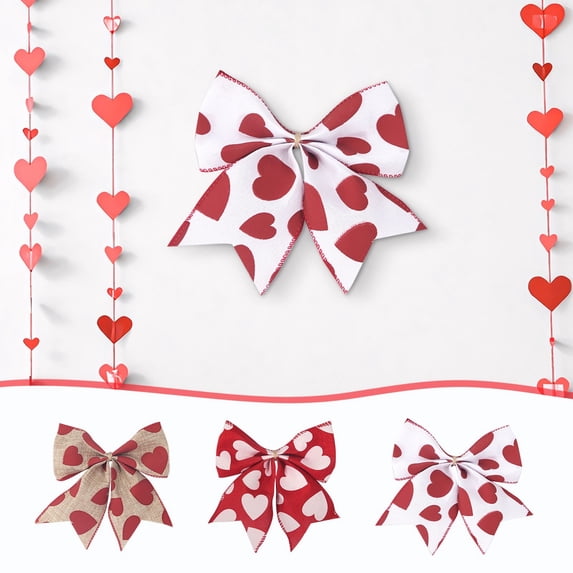 romoty Valentine's Day Heart Pattern Ribbon Bows, Red & White Fabric Bow for Wreath DIY, Wedding Party Gift Wrapping Decor, 6-inch