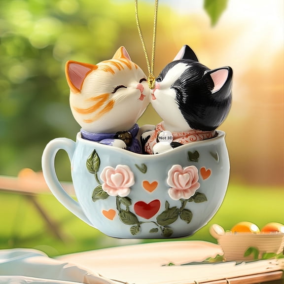 romoty Valentine's Day Rabbit Cat Ornament 3.14" x 2.76" 2D Acrylic Animal Hanging Pendant for Car Mirror and Easter Party Home Decoration