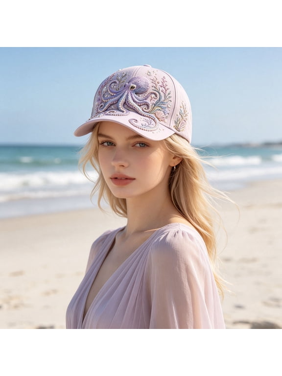 Womens Octopus Embroidered Baseball Cap Adjustable Breathable Outdoor Beach Sun Hat for Summer Travel Boating Casual Wear