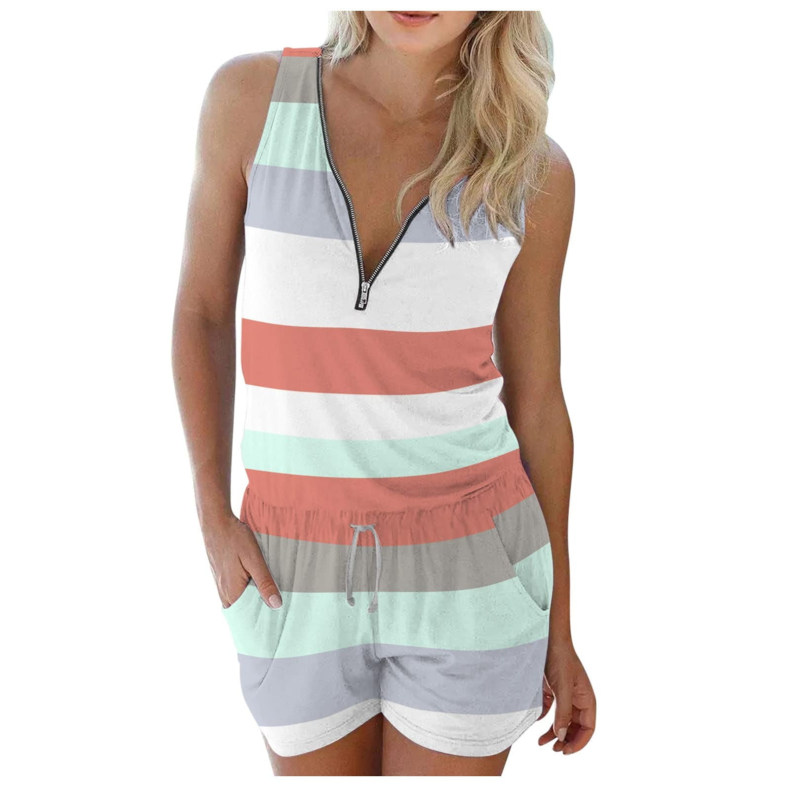 rompers for women summer sleeveless deep v neck zipper jumpsuit color ...