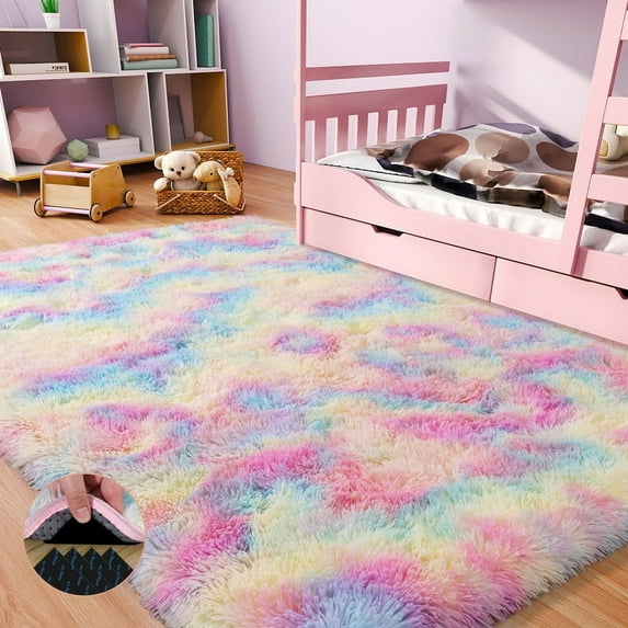 room rug 4x6ft Area Rugs for Living Room, Red Fluffy Shaggy Rug Soft Carpets, Non-Slip Stickers for Bedroom Nursery Kids Room Dorm Home Decor Tie-Dye Brown