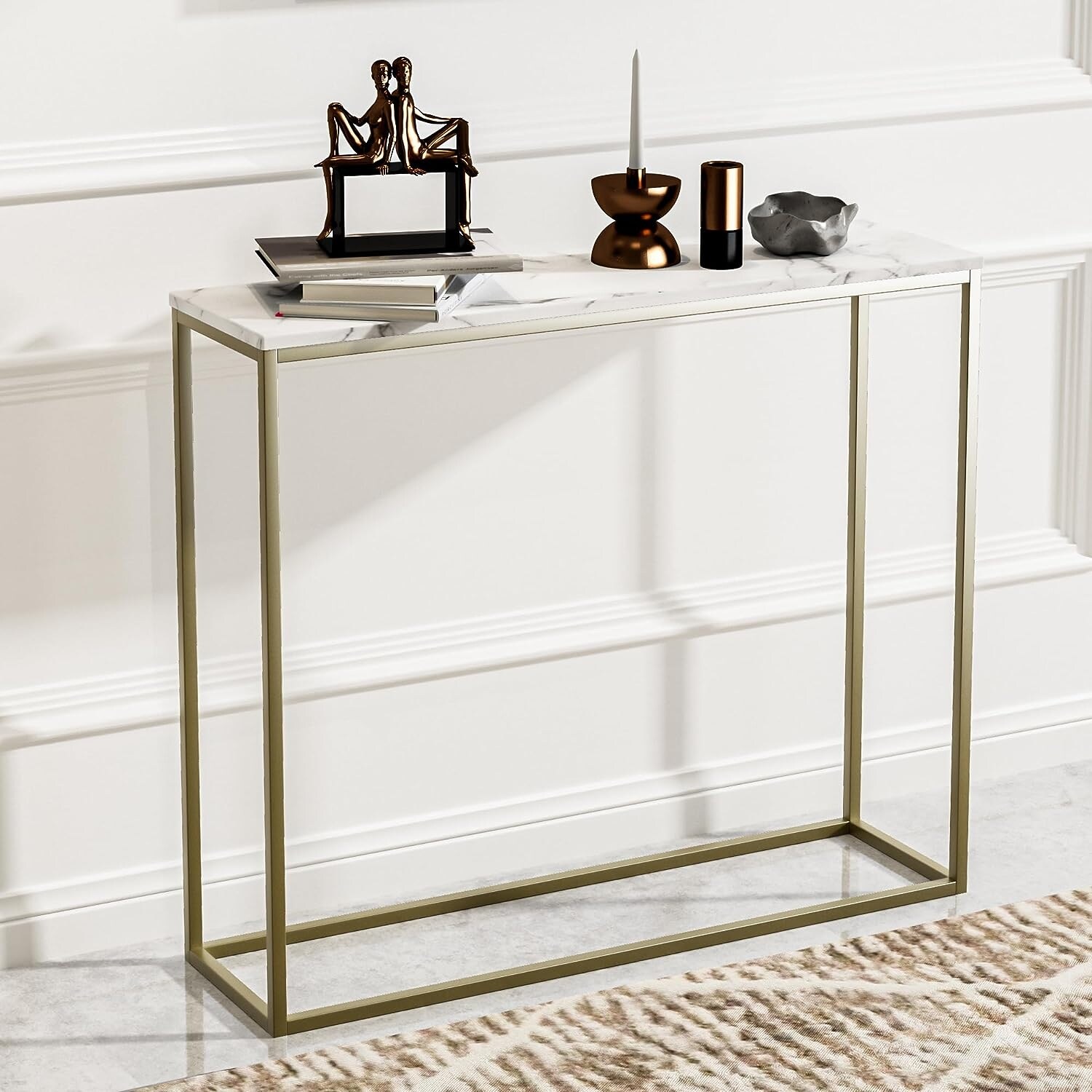roomfitters White Faux Marble Console Table, Bar Table for Dining Room