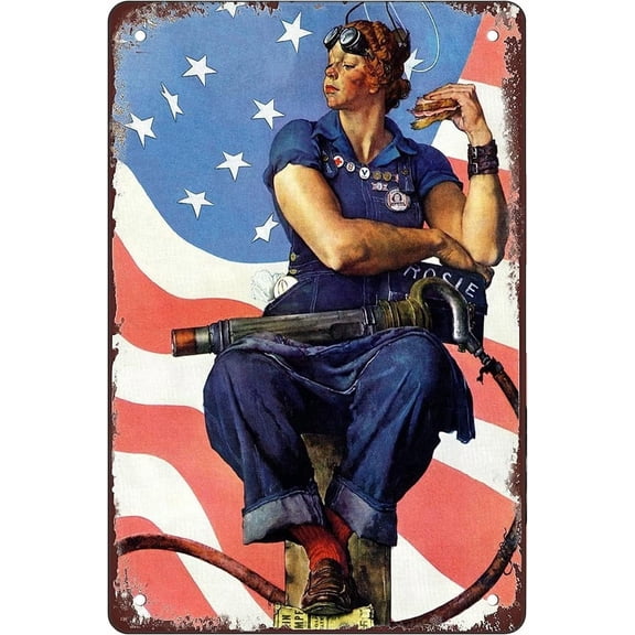 rosie the riveter norman rockwell Metal Tin Sign Wall Decor Fun Decoration for Home Kitchen Bar Room Garage Vintage Retro Plaque 12x8 Inch