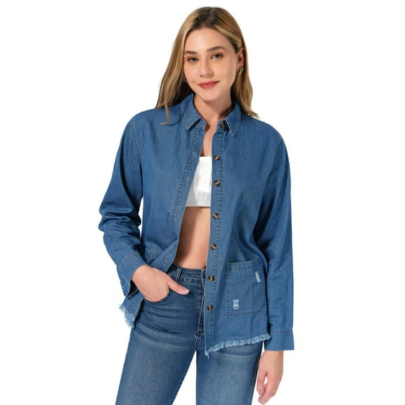 roswear Women Denim Shirt Lightweight Frayed Hem, Sizes M-XL