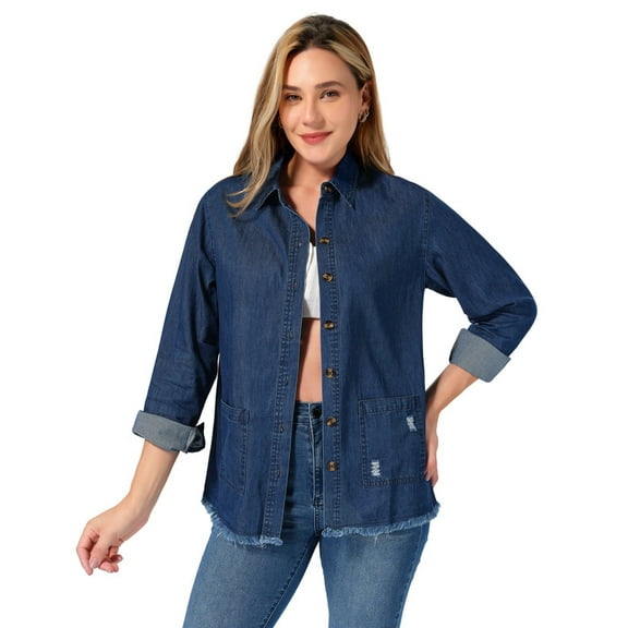 roswear Women Denim Shirt Lightweight Frayed Hem, Sizes M-XL