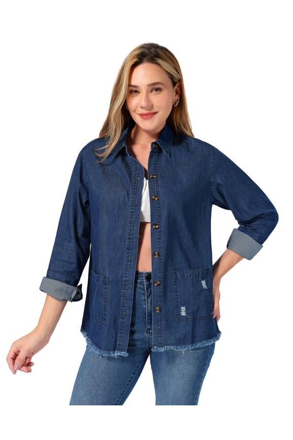 Women Denim Shirt Lightweight Frayed Hem, Sizes M-XL