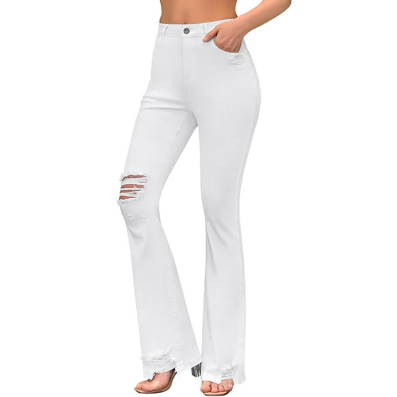 roswear Women’s Bell Bottom Jeans High Rise Flare Jeans Ripped Stretchy Frayed Hem Denim Jeans with Holes White Small
