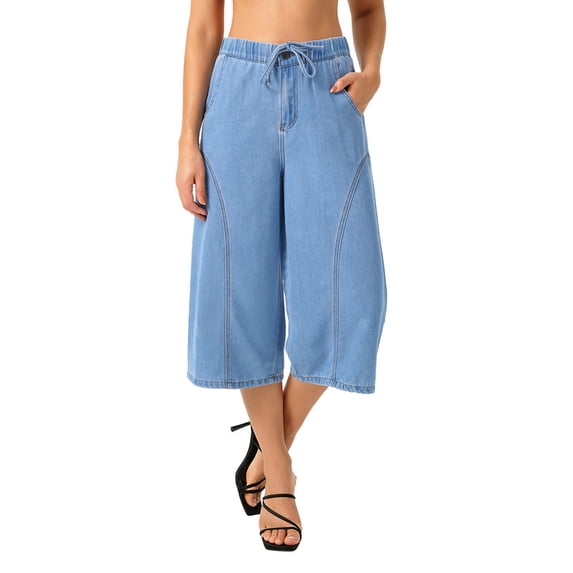 roswear Women's Capri Jeans Non-Stretch Culottes Pants with Elastic Waist