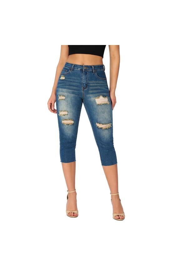 Women's Capri Jeans Ripped Stretch Denim Skinny Cropped Pants, Sizes M-XL