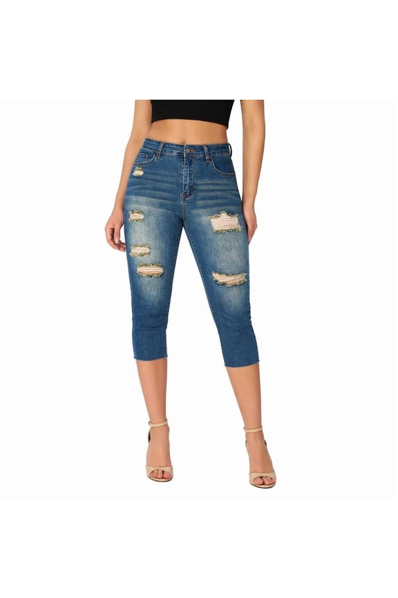 Women's Capri Jeans Ripped Stretch Denim Skinny Cropped Pants, Sizes M-XL