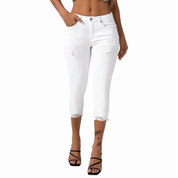 roswear Women's Capri Pants Skinny Ripped Stretchy Cropped Jeans, Sizes S-XL