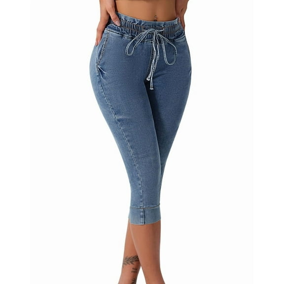 roswear Women's Capri Petite Jeans High Waisted Pull on Stretchy Denim Pants with Drawstring