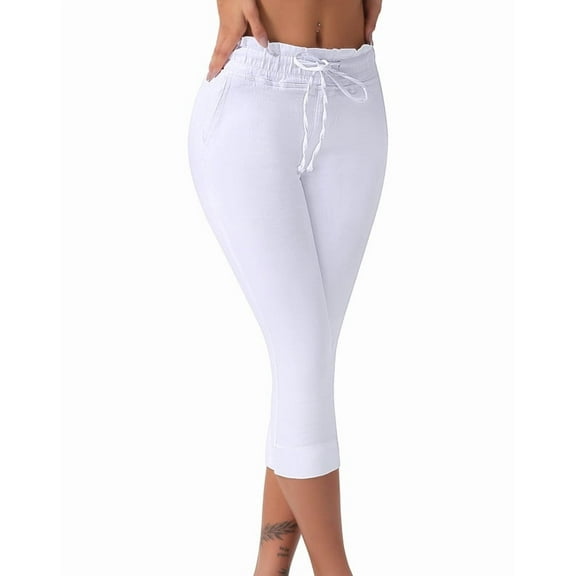 roswear Women's Capri Petite Jeans High Waisted Pull on Stretchy Denim Pants with Drawstring