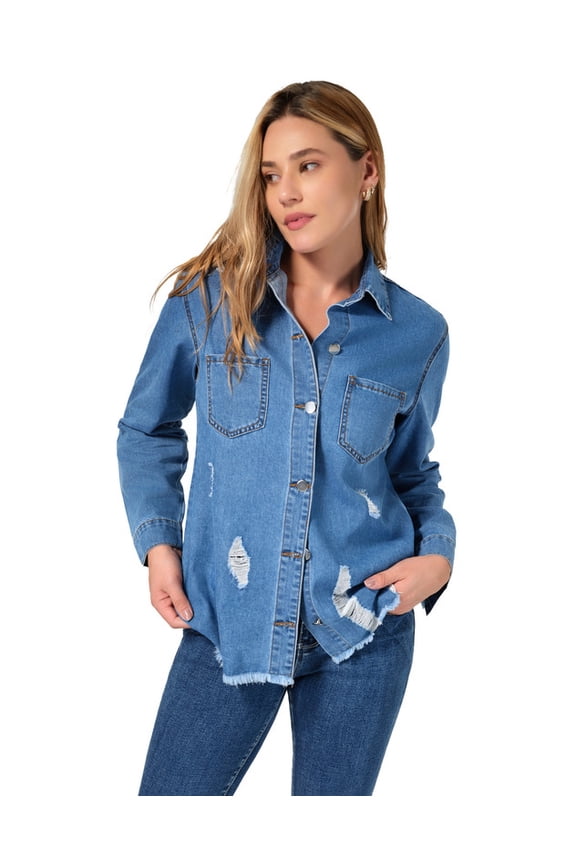 Women's Denim Shirts Long Sleeved Distressed Blouses, Sizes M-XL
