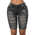 thumbnail image 1 of roswear Women's Distressed Knee Length Long Denim Shorts Ripped Stretchy Jean Shorts Black Grey Small, 1 of 4