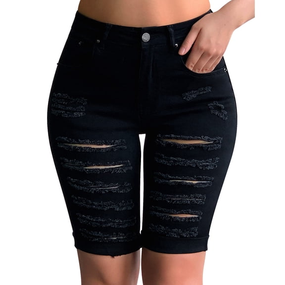 roswear Women's Distressed Knee Length Long Denim Shorts Ripped Stretchy Jean Shorts Black X-Large