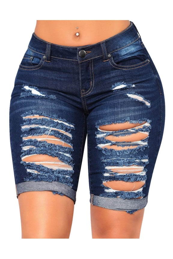 Women's Distressed Knee Length Long Denim Shorts Ripped Stretchy Jean Shorts Dark Blue Medium